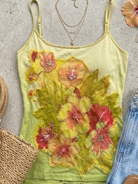 Vintage Le Civette Floral Beaded Camisole Lime Green Y2K Top XS Boho Festival